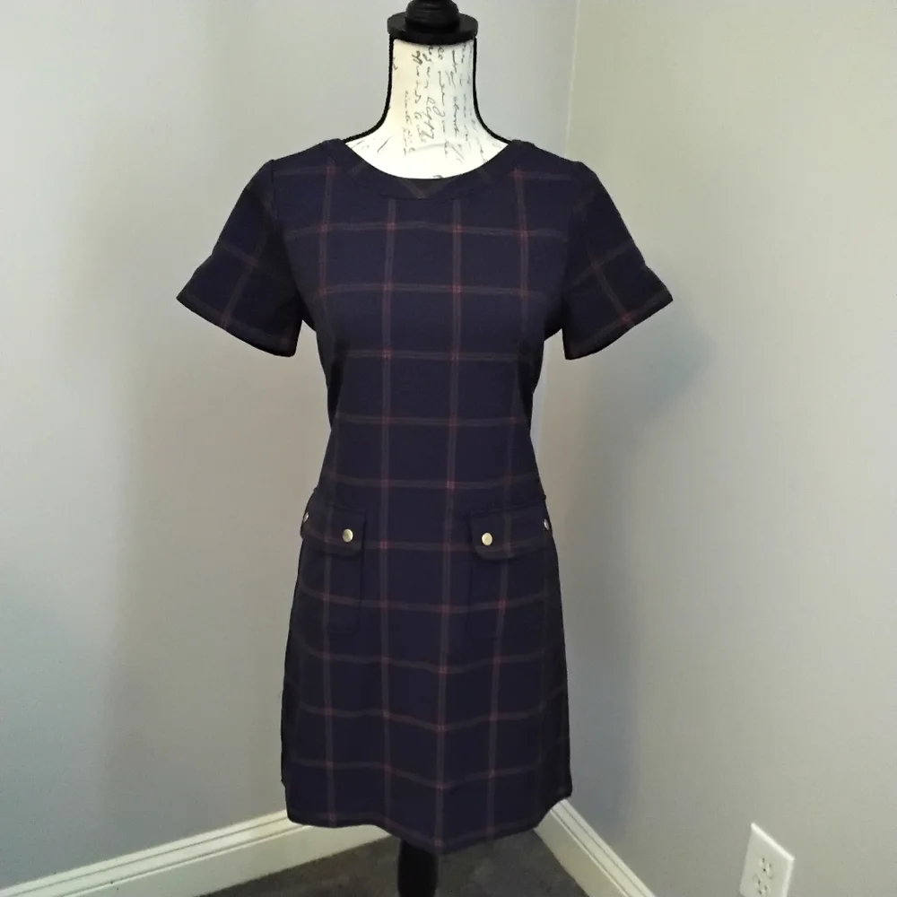 J. Crew Factory Navy Window Pane Shift Dress With Front Pockets - 4 - Picture 3 of 12
